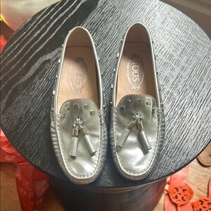 Tod's Silver Metallic Loafers with Tassels